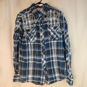 Pop Icon Clothing Blue Plaid Button-Up Shirt with Embroidered‎ Design XL